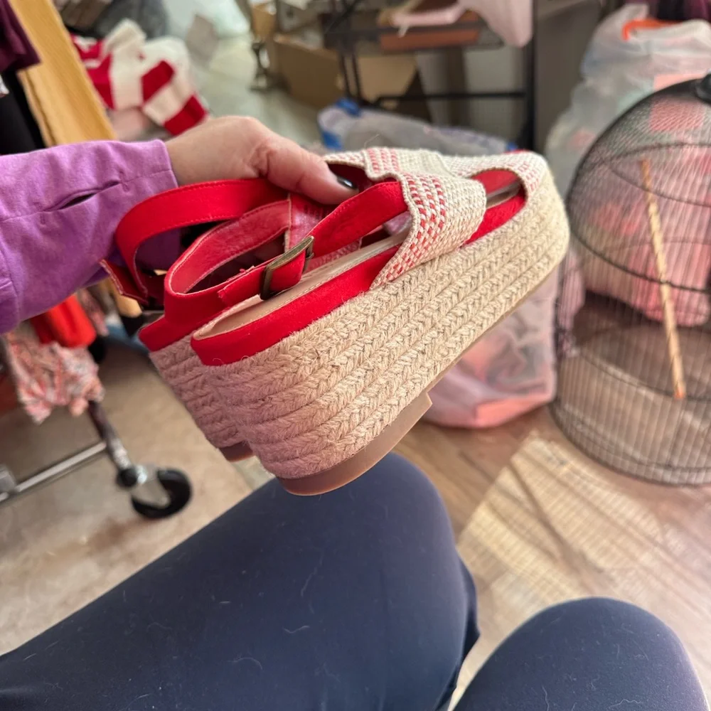 Justfab Red and Cream Woven Aura Platform Sandals